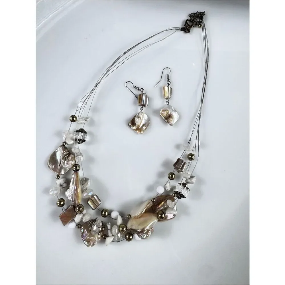 Vintage Mother Of Pearl Shell Multi-Strand Necklace with Earrings